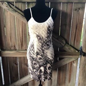 Juju & B Ivory & Gray Peacock Feather Print Tiered Spaghetti Strap Mini Dress L